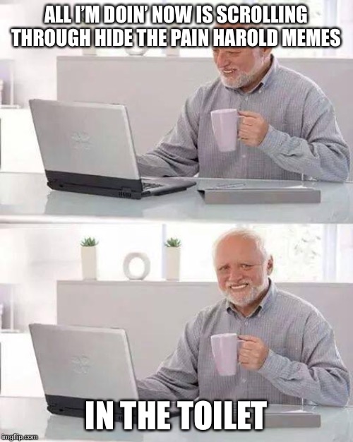 Hide the Pain Harold Meme | ALL I’M DOIN’ NOW IS SCROLLING THROUGH HIDE THE PAIN HAROLD MEMES; IN THE TOILET | image tagged in memes,hide the pain harold | made w/ Imgflip meme maker