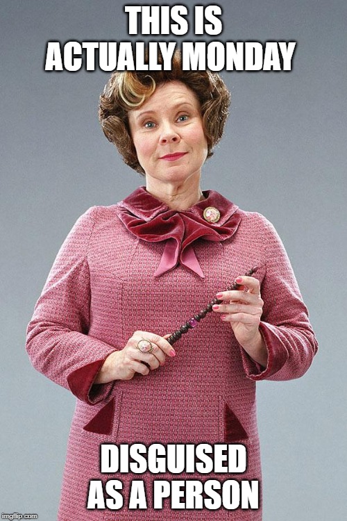 Dolores Umbridge | THIS IS ACTUALLY MONDAY; DISGUISED AS A PERSON | image tagged in dolores umbridge | made w/ Imgflip meme maker