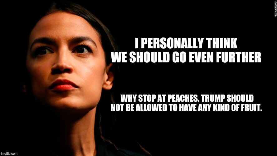 ocasio-cortez super genius | I PERSONALLY THINK WE SHOULD GO EVEN FURTHER; WHY STOP AT PEACHES. TRUMP SHOULD NOT BE ALLOWED TO HAVE ANY KIND OF FRUIT. | image tagged in ocasio-cortez super genius | made w/ Imgflip meme maker