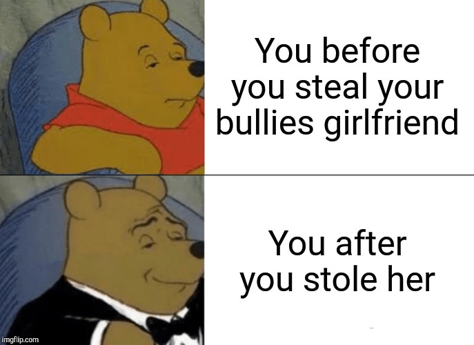 Tuxedo Winnie The Pooh Meme | You before you steal your bullies girlfriend; You after you stole her | image tagged in memes,tuxedo winnie the pooh | made w/ Imgflip meme maker