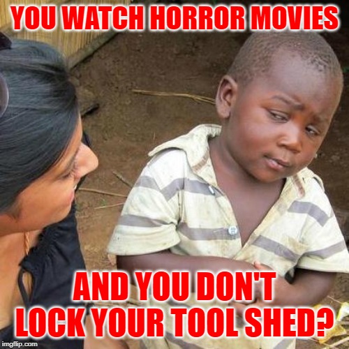 Tool Shed Horrors | YOU WATCH HORROR MOVIES; AND YOU DON'T LOCK YOUR TOOL SHED? | image tagged in third world skeptical kid,funny memes,tools,horror movie,so true memes,lol so funny | made w/ Imgflip meme maker