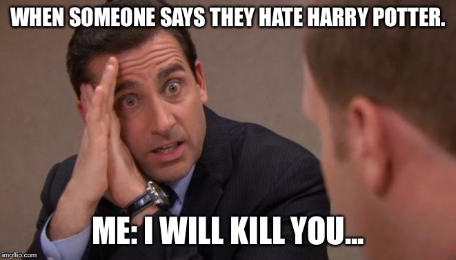 Michael Scott I will kill you | WHEN SOMEONE SAYS THEY HATE HARRY POTTER. ME: I WILL KILL YOU... | image tagged in michael scott i will kill you | made w/ Imgflip meme maker