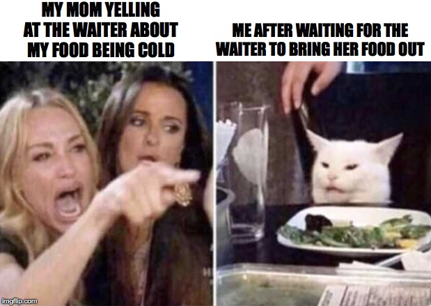 White Cat at table meme | MY MOM YELLING AT THE WAITER ABOUT MY FOOD BEING COLD; ME AFTER WAITING FOR THE WAITER TO BRING HER FOOD OUT | image tagged in food,memes,cat,funny memes | made w/ Imgflip meme maker