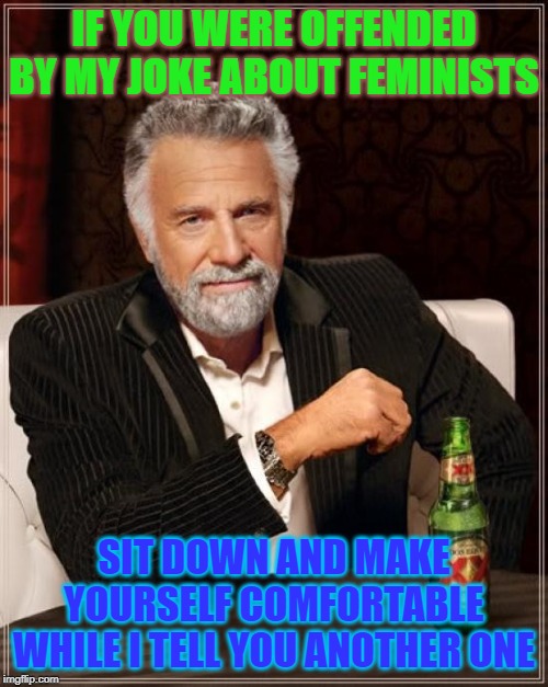 The most unapologetic man in the world. | IF YOU WERE OFFENDED BY MY JOKE ABOUT FEMINISTS; SIT DOWN AND MAKE YOURSELF COMFORTABLE WHILE I TELL YOU ANOTHER ONE | image tagged in memes,the most interesting man in the world | made w/ Imgflip meme maker