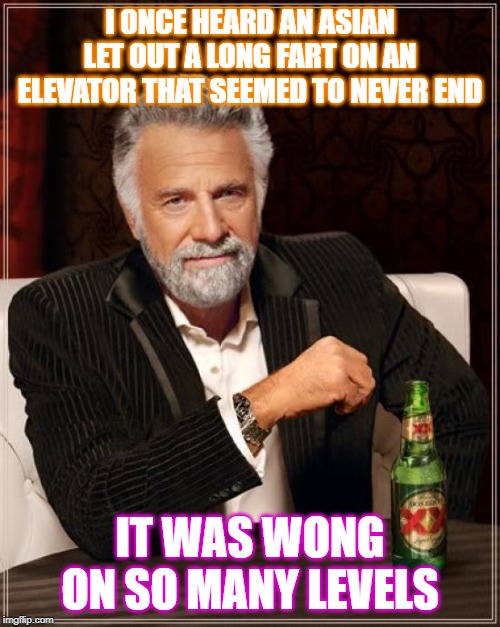 The Most Interesting Man In The World Meme | I ONCE HEARD AN ASIAN LET OUT A LONG FART ON AN ELEVATOR THAT SEEMED TO NEVER END; IT WAS WONG ON SO MANY LEVELS | image tagged in memes,the most interesting man in the world | made w/ Imgflip meme maker