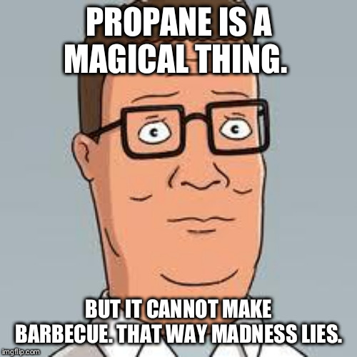Hank Hill |  PROPANE IS A MAGICAL THING. BUT IT CANNOT MAKE BARBECUE. THAT WAY MADNESS LIES. | image tagged in hank hill | made w/ Imgflip meme maker