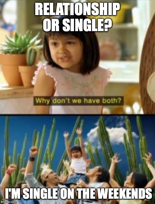 Relationship or Single | RELATIONSHIP OR SINGLE? I'M SINGLE ON THE WEEKENDS | image tagged in memes,why not both | made w/ Imgflip meme maker