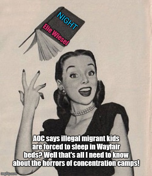 If AOC says it, it must be fact | NIGHT; Elie Wiesel; AOC says illegal migrant kids are forced to sleep in Wayfair beds? Well that's all I need to know about the horrors of concentration camps! | image tagged in throwing book vintage woman,alexandria ocasio-cortez,liberal exaggeration,twisting history,night by elie weisel,concentration ca | made w/ Imgflip meme maker