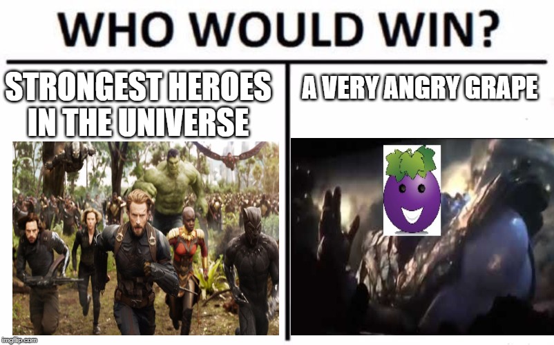Who Would Win? | A VERY ANGRY GRAPE; STRONGEST HEROES IN THE UNIVERSE | image tagged in memes,who would win | made w/ Imgflip meme maker