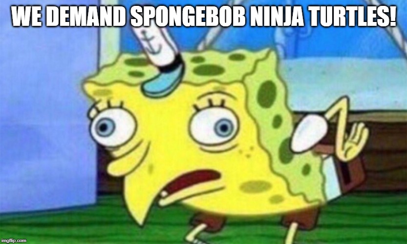 spongebob stupid | WE DEMAND SPONGEBOB NINJA TURTLES! | image tagged in spongebob stupid | made w/ Imgflip meme maker