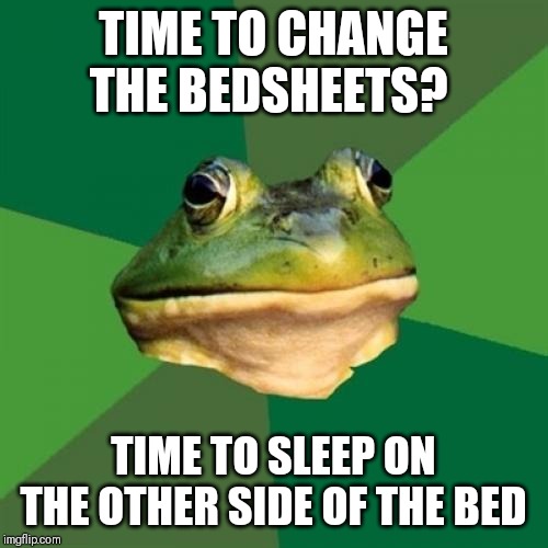 Foul Bachelor Frog Meme | TIME TO CHANGE THE BEDSHEETS? TIME TO SLEEP ON THE OTHER SIDE OF THE BED | image tagged in memes,foul bachelor frog | made w/ Imgflip meme maker
