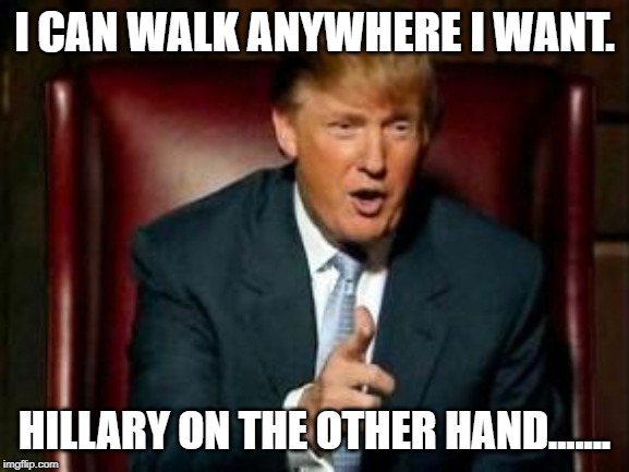 Donald Trump | I CAN WALK ANYWHERE I WANT. HILLARY ON THE OTHER HAND....... | image tagged in donald trump | made w/ Imgflip meme maker