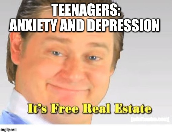 It's Free Real Estate |  TEENAGERS:
ANXIETY AND DEPRESSION | image tagged in it's free real estate | made w/ Imgflip meme maker