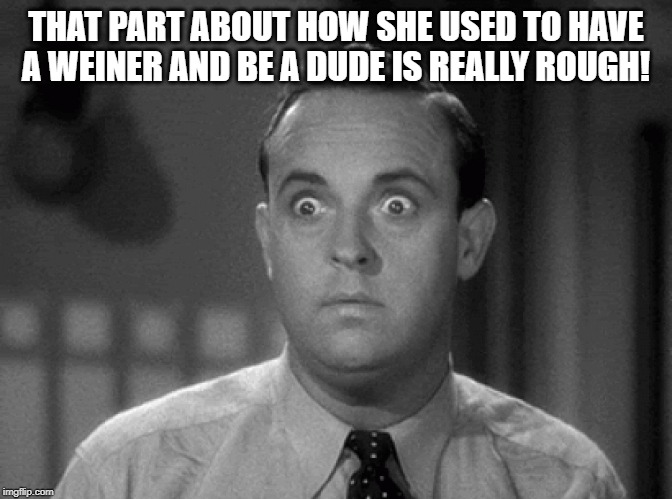 shocked face | THAT PART ABOUT HOW SHE USED TO HAVE A WEINER AND BE A DUDE IS REALLY ROUGH! | image tagged in shocked face | made w/ Imgflip meme maker