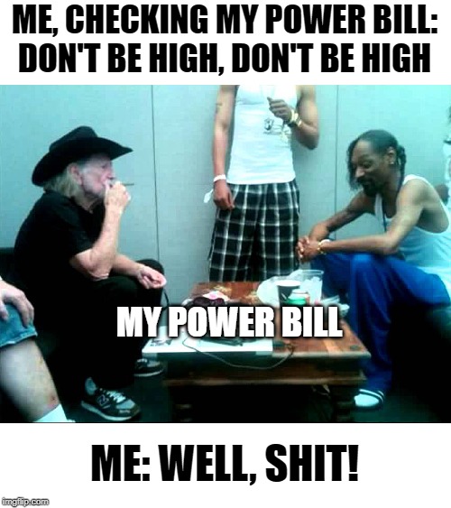 Snoop & Willie chillin' | ME, CHECKING MY POWER BILL: DON'T BE HIGH, DON'T BE HIGH; MY POWER BILL; ME: WELL, SHIT! | image tagged in snoop and willie,don't be high,snoop dogg,willie nelson | made w/ Imgflip meme maker