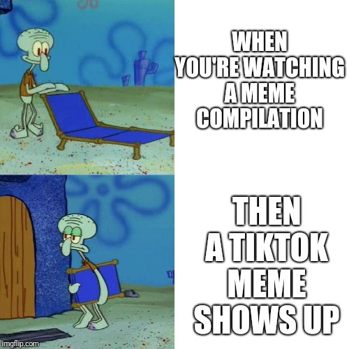 Squidward chair | WHEN YOU'RE WATCHING A MEME COMPILATION; THEN A TIKTOK MEME SHOWS UP | image tagged in squidward chair | made w/ Imgflip meme maker