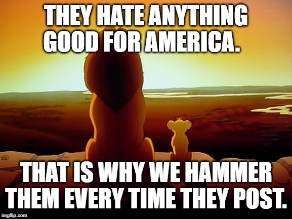 Lion King | THEY HATE ANYTHING GOOD FOR AMERICA. THAT IS WHY WE HAMMER THEM EVERY TIME THEY POST. | image tagged in memes,lion king | made w/ Imgflip meme maker