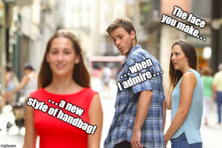 Distracted Boyfriend Meme | The face you make. . . . . . when I admire . . . . . . a new style of handbag! | image tagged in memes,distracted boyfriend | made w/ Imgflip meme maker