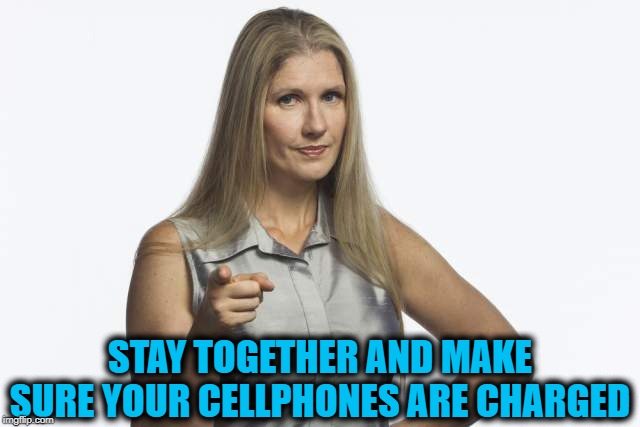 scolding mom | STAY TOGETHER AND MAKE SURE YOUR CELLPHONES ARE CHARGED | image tagged in scolding mom | made w/ Imgflip meme maker