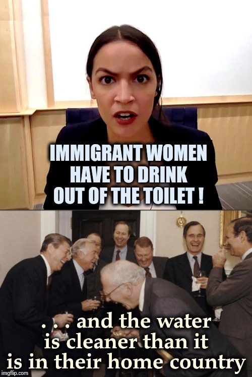 Her latest "Concentration Camp" rant | IMMIGRANT WOMEN HAVE TO DRINK OUT OF THE TOILET ! . . . and the water is cleaner than it is in their home country | image tagged in memes,laughing men in suits,alexandria ocasio-cortez,blue water,nothing to see here | made w/ Imgflip meme maker