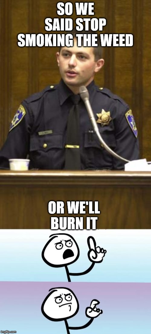 SO WE SAID STOP SMOKING THE WEED; OR WE'LL BURN IT | image tagged in memes,police officer testifying,speechless | made w/ Imgflip meme maker