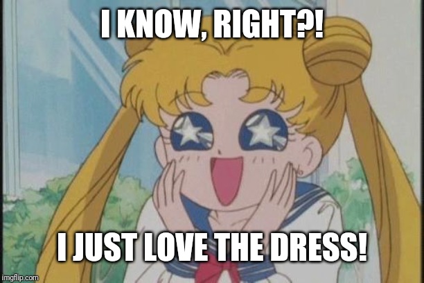 Sailor Moon Sparkly Eyes | I KNOW, RIGHT?! I JUST LOVE THE DRESS! | image tagged in sailor moon sparkly eyes | made w/ Imgflip meme maker