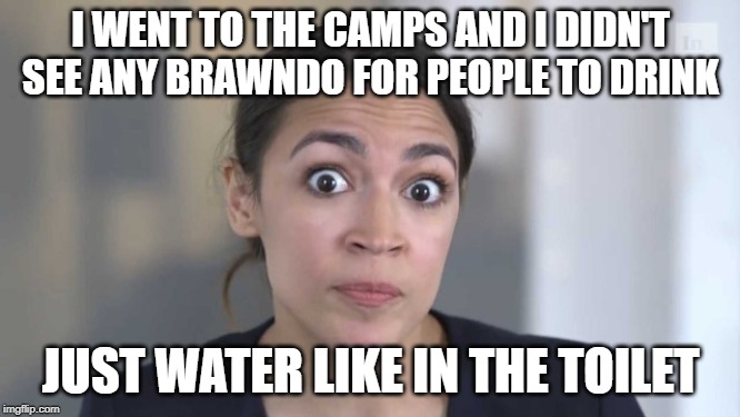 Crazy Alexandria Ocasio-Cortez | I WENT TO THE CAMPS AND I DIDN'T SEE ANY BRAWNDO FOR PEOPLE TO DRINK; JUST WATER LIKE IN THE TOILET | image tagged in crazy alexandria ocasio-cortez | made w/ Imgflip meme maker