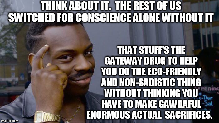 Roll Safe Think About It Meme | THINK ABOUT IT.  THE REST OF US SWITCHED FOR CONSCIENCE ALONE WITHOUT IT THAT STUFF'S THE GATEWAY DRUG TO HELP YOU DO THE ECO-FRIENDLY AND N | image tagged in memes,roll safe think about it | made w/ Imgflip meme maker