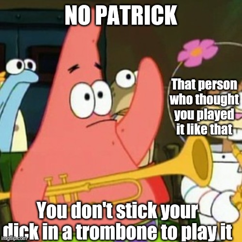 No Patrick Meme | NO PATRICK; That person who thought you played it like that; You don't stick your dick in a trombone to play it | image tagged in memes,no patrick | made w/ Imgflip meme maker