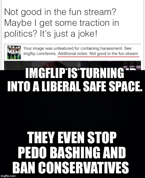 The political stream has gone soft too. | IMGFLIP IS TURNING INTO A LIBERAL SAFE SPACE. THEY EVEN STOP PEDO BASHING AND BAN CONSERVATIVES | image tagged in black background | made w/ Imgflip meme maker