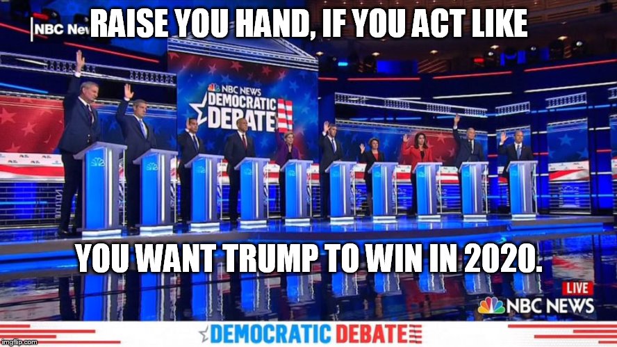 When the majority of the country doesn't support free health care for illegals. | RAISE YOU HAND, IF YOU ACT LIKE; YOU WANT TRUMP TO WIN IN 2020. | image tagged in democrat debates raise hands | made w/ Imgflip meme maker
