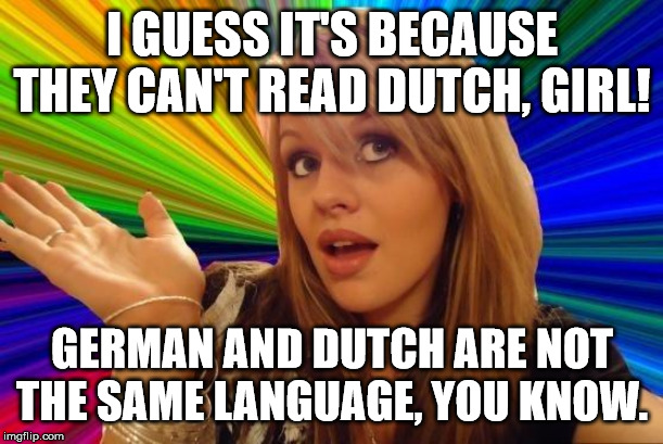 Dumb Blonde Meme | I GUESS IT'S BECAUSE THEY CAN'T READ DUTCH, GIRL! GERMAN AND DUTCH ARE NOT THE SAME LANGUAGE, YOU KNOW. | image tagged in memes,dumb blonde | made w/ Imgflip meme maker