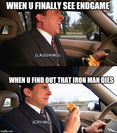 michael scott meme | WHEN U FINALLY SEE ENDGAME; WHEN U FIND OUT THAT IRON MAN DIES | image tagged in michael scott meme | made w/ Imgflip meme maker