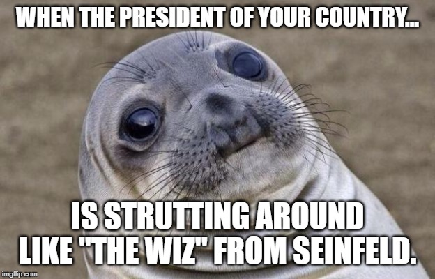 Awkward Seal | WHEN THE PRESIDENT OF YOUR COUNTRY... IS STRUTTING AROUND LIKE "THE WIZ" FROM SEINFELD. | image tagged in awkward seal | made w/ Imgflip meme maker