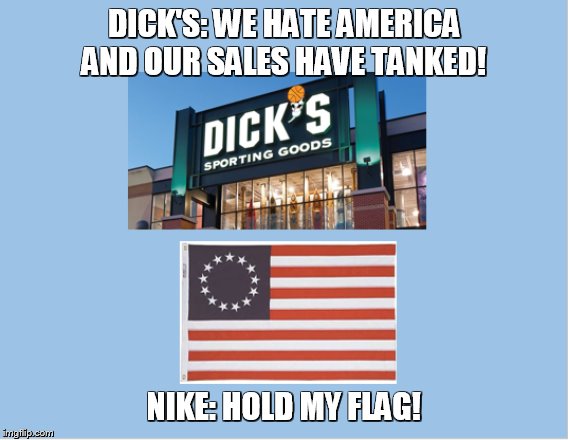 DICK'S: WE HATE AMERICA AND OUR SALES HAVE TANKED! NIKE: HOLD MY FLAG! | image tagged in dicks,nike | made w/ Imgflip meme maker