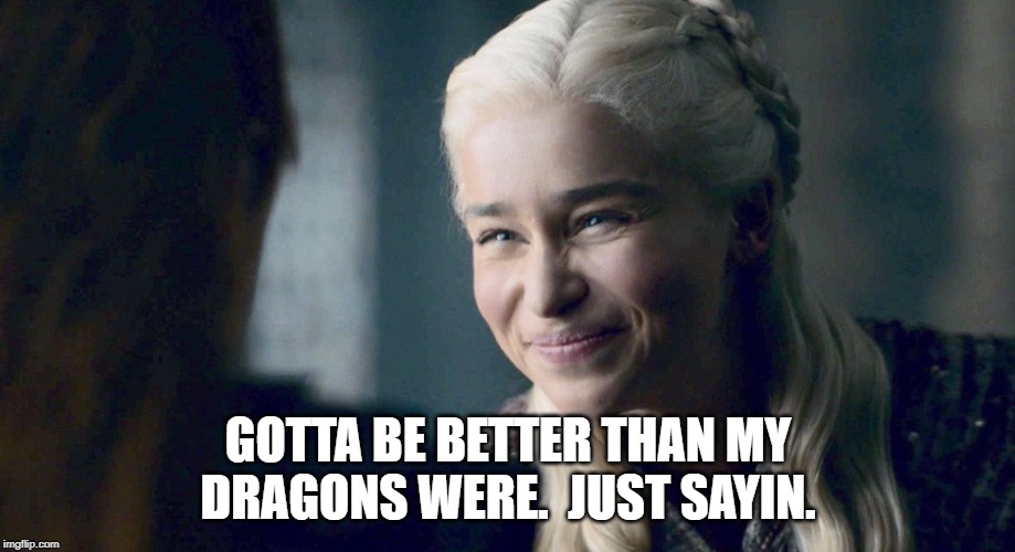 Mother of Dragons | GOTTA BE BETTER THAN MY DRAGONS WERE.  JUST SAYIN. | image tagged in mother of dragons | made w/ Imgflip meme maker