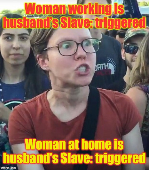 super_triggered | Woman working is husband’s Slave: triggered Woman at home is husband’s Slave: triggered | image tagged in super_triggered | made w/ Imgflip meme maker