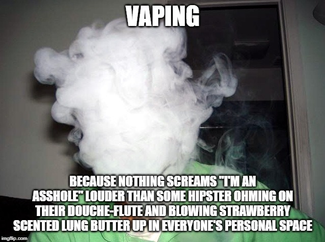 The Floutist | VAPING; BECAUSE NOTHING SCREAMS "I'M AN ASSHOLE" LOUDER THAN SOME HIPSTER OHMING ON THEIR DOUCHE-FLUTE AND BLOWING STRAWBERRY SCENTED LUNG BUTTER UP IN EVERYONE'S PERSONAL SPACE | image tagged in vape cloud,douchebag,vaping,vapster,asshole | made w/ Imgflip meme maker