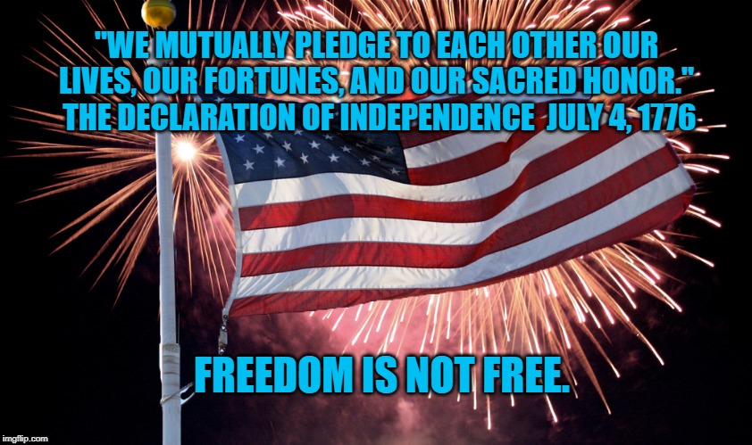 Freedom Is Not Free | "WE MUTUALLY PLEDGE TO EACH OTHER OUR LIVES, OUR FORTUNES, AND OUR SACRED HONOR."  THE DECLARATION OF INDEPENDENCE  JULY 4, 1776; FREEDOM IS NOT FREE. | image tagged in politics | made w/ Imgflip meme maker
