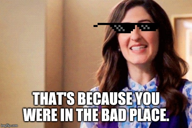 Janet the Good Place | THAT'S BECAUSE YOU WERE IN THE BAD PLACE. | image tagged in janet the good place | made w/ Imgflip meme maker