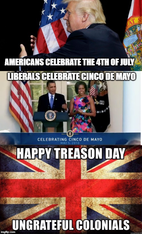 Happy Independence Day! | AMERICANS CELEBRATE THE 4TH OF JULY; LIBERALS CELEBRATE CINCO DE MAYO | image tagged in 4th of july,patriots,president trump,nobama,treason day | made w/ Imgflip meme maker