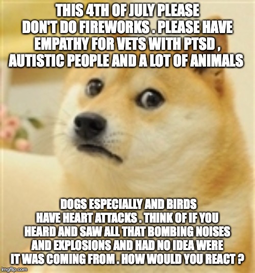 Sad Doge |  THIS 4TH OF JULY PLEASE DON'T DO FIREWORKS . PLEASE HAVE EMPATHY FOR VETS WITH PTSD , AUTISTIC PEOPLE AND A LOT OF ANIMALS; DOGS ESPECIALLY AND BIRDS HAVE HEART ATTACKS . THINK OF IF YOU HEARD AND SAW ALL THAT BOMBING NOISES AND EXPLOSIONS AND HAD NO IDEA WERE IT WAS COMING FROM . HOW WOULD YOU REACT ? | image tagged in sad doge | made w/ Imgflip meme maker