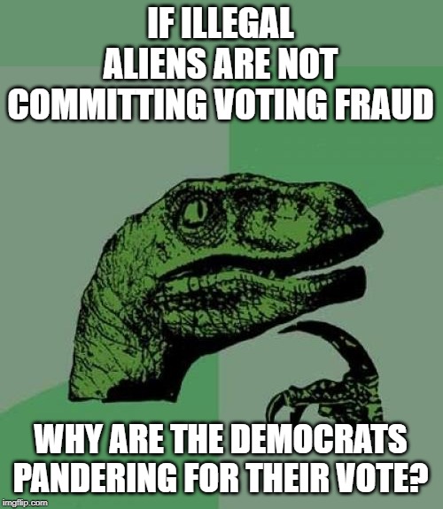 California has a estimated 5 million people illegally registered to vote. | IF ILLEGAL ALIENS ARE NOT COMMITTING VOTING FRAUD; WHY ARE THE DEMOCRATS PANDERING FOR THEIR VOTE? | image tagged in memes,philosoraptor | made w/ Imgflip meme maker