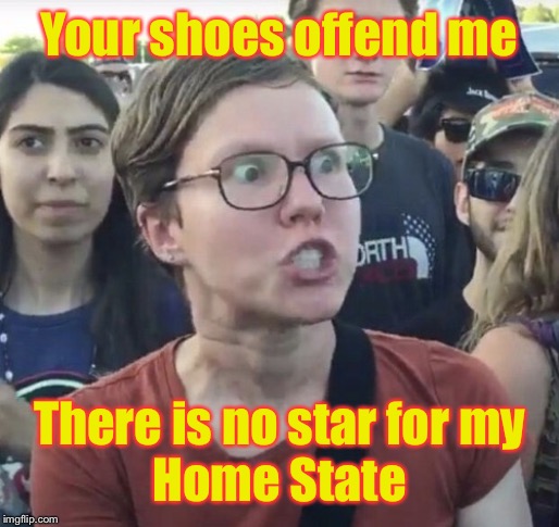 Triggered feminist | Your shoes offend me There is no star for my
Home State | image tagged in triggered feminist | made w/ Imgflip meme maker