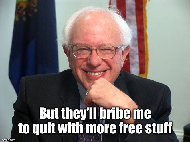 Vote Bernie Sanders | But they’ll bribe me to quit with more free stuff | image tagged in vote bernie sanders | made w/ Imgflip meme maker