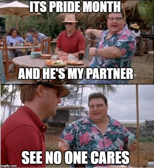 See Nobody Cares Meme | ITS PRIDE MONTH; AND HE'S MY PARTNER; SEE NO ONE CARES | image tagged in memes,see nobody cares | made w/ Imgflip meme maker