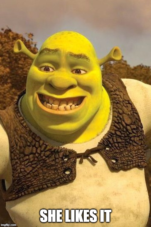Smiling Shrek | SHE LIKES IT | image tagged in smiling shrek | made w/ Imgflip meme maker