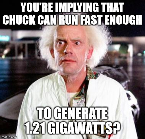 Doc Brown | YOU'RE IMPLYING THAT CHUCK CAN RUN FAST ENOUGH TO GENERATE 1.21 GIGAWATTS? | image tagged in doc brown | made w/ Imgflip meme maker