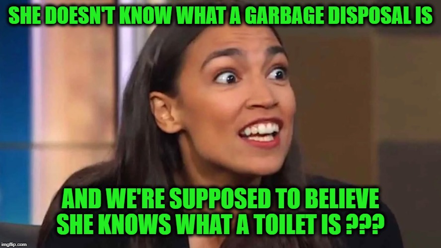 They Have to Drink Out of Toilets ... Yeah, Sure. | SHE DOESN'T KNOW WHAT A GARBAGE DISPOSAL IS; AND WE'RE SUPPOSED TO BELIEVE SHE KNOWS WHAT A TOILET IS ??? | image tagged in crazy aoc,funny,funny memes,memes,mxm | made w/ Imgflip meme maker