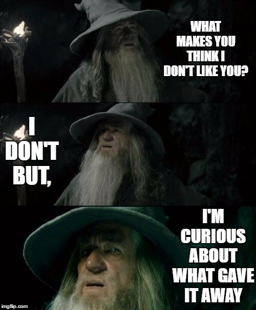 Confused Gandalf | WHAT MAKES YOU THINK I DON'T LIKE YOU? I DON'T BUT, I'M CURIOUS ABOUT WHAT GAVE IT AWAY | image tagged in memes,confused gandalf,random | made w/ Imgflip meme maker